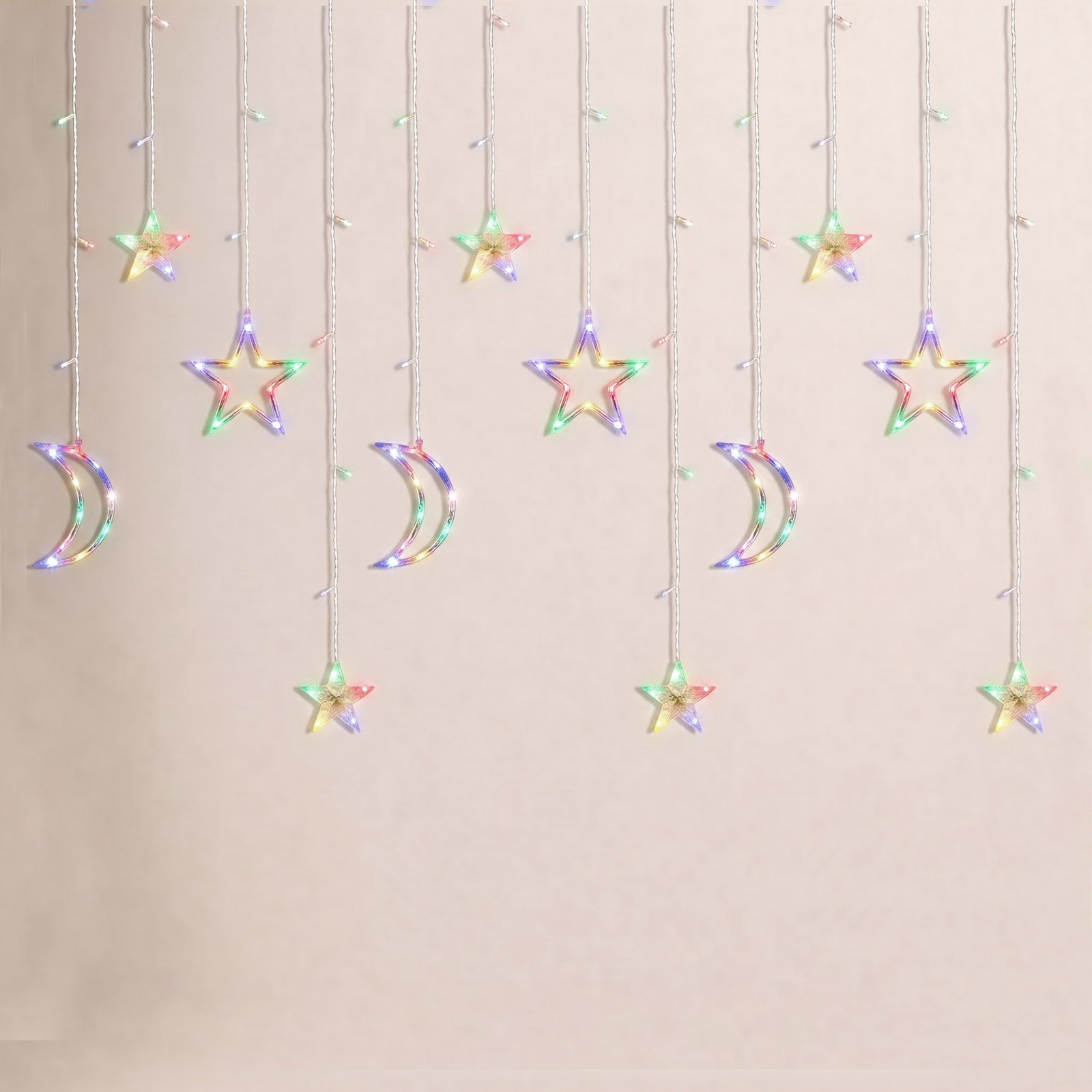 Moon and Star Window LED Icicle Lights, Blue/Yellow/Red