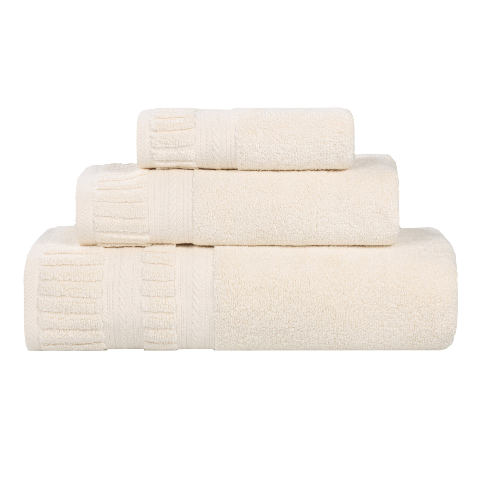 Venice Zero Twist Cotton Medium Weight Soft Absorbent Towel Set, Ivory, 3 Piece Towel Set