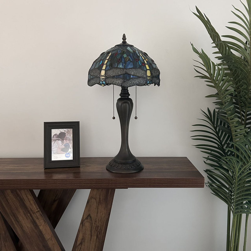 Lampe de table Vella Tiffany en verre coloré bleu vert avec ampoules DEL incluses 22 'H * 12 "l