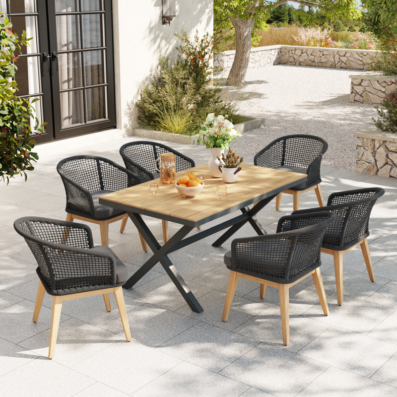 Outdoor 6-person Rope-woven Dining Set, 31.3" H x 24.4" W x 25.6" D, Gray Cushion/Black Frame