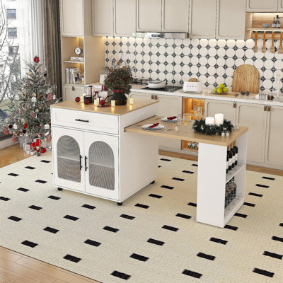 80-Inch Expandable Kitchen Island With Dining Table, Solid Wood Grain Countertop With Power Outlet, Mobile Storage Cart With Cabinet & 2 Drawers, Kitchen Prep Table(White)