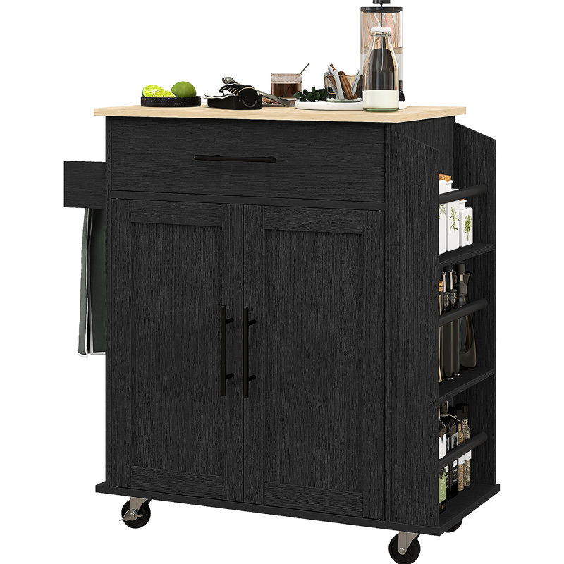 Black Kitchen Island Cart With Ac Outlets, Ports, Storage, Microwave Stand, Towel Rack & Spice Rolling Outlets , And Rack,