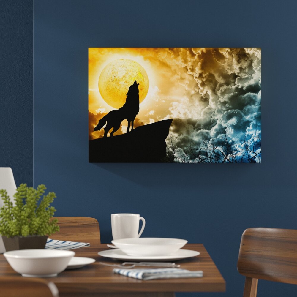 Leinwandbild ,,Wolf heult den Mond", Grafikdruck