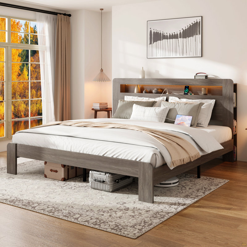 Cadre de lit très grand, cadre de lit plateforme en bois avec tête de lit à DEL avec rangement et 2 ports USB, Très grand lit