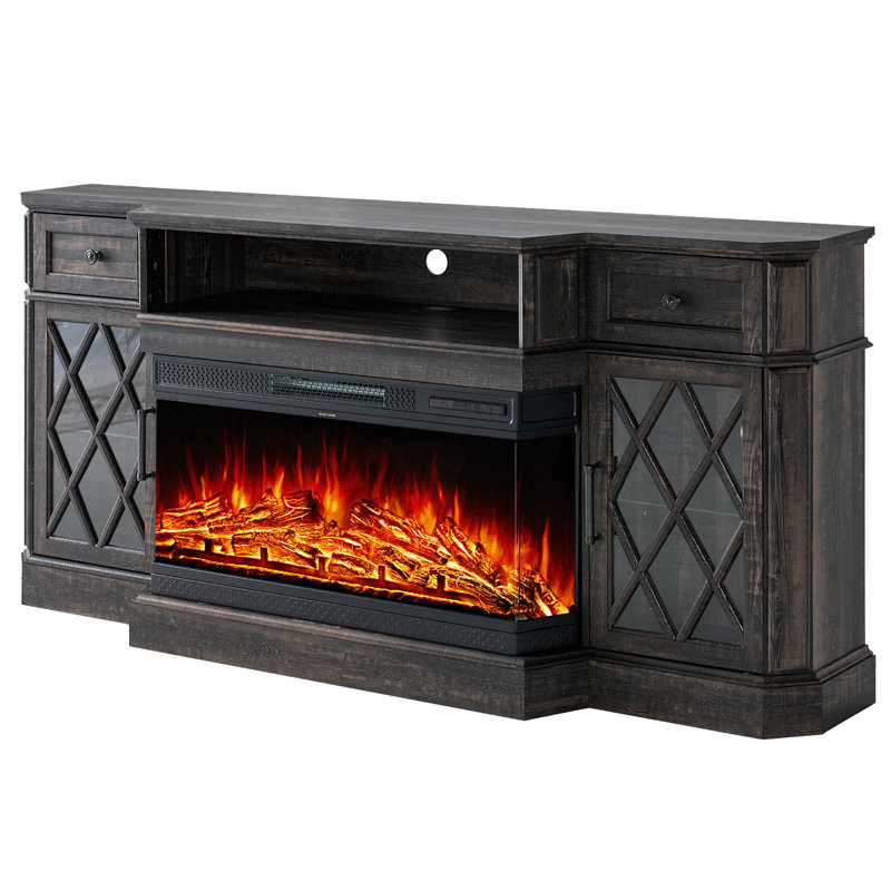 Alvilda 3-Sided Glass Farmhouse Fireplace TV Stand, Dark Oak