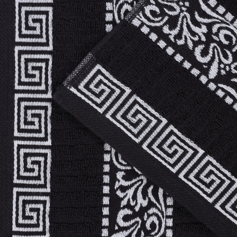 Ensemble de serviettes 8 pièces à bordure moyenne 100% coton à motif floral Athens, Noir / blanc