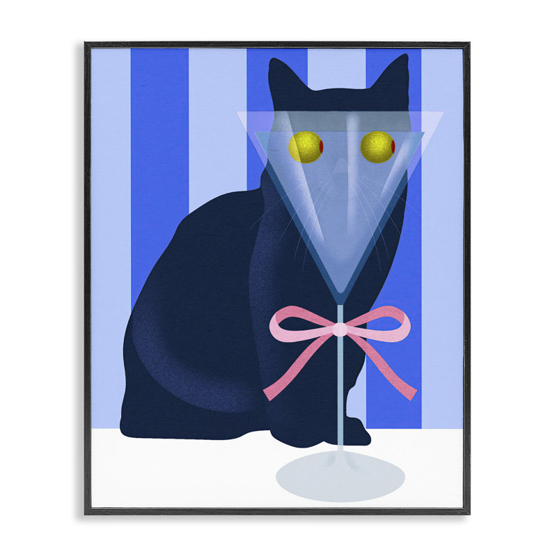Drôle de chat Martini sur rayures, estampe numérique, design par Lil 'Rue, H 14 po x l 11 po, Giclée encadrée noir minuit