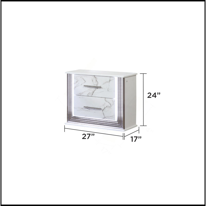 Table de chevet Desire - Façades de tiroirs d'inspiration marbre, éclairage latéral à DEL et garniture métallique pour un rangement de chevet glamour et pratique