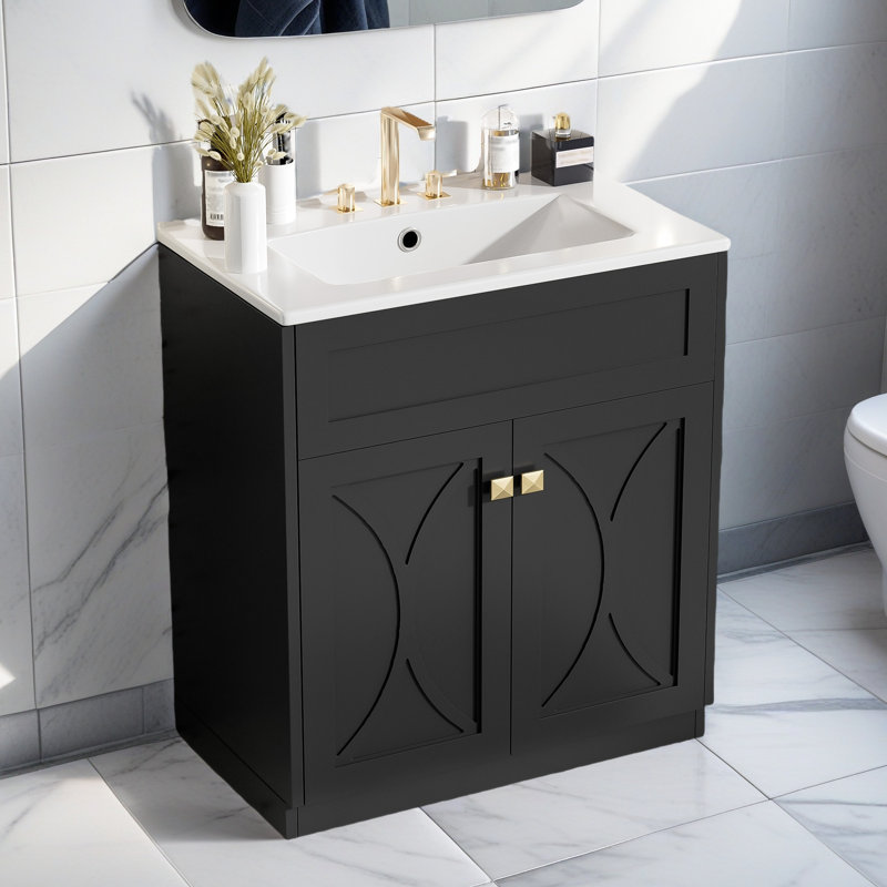 Meuble-lavabo 30 po avec lavabo en céramique, armoire de rangement autoportante moderne avec poignées dorées, portes à fermeture douce
