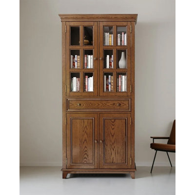 Traditional Ash Wood Bookcase with Glass Doors and Drawer Storage