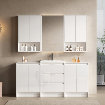 Bathroom Vanity 72" Freestanding With Resin Sink, 2 Storage Cabinets, Wall Soft Function, Glossy White Plywood, Modern Setup Drawers, Unit