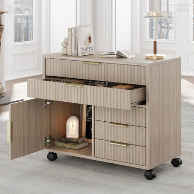 Classeur 19 "à 5 tiroirs avec roulettes - coffre de rangement sous le bureau, conception en bois cannelé pour l'organisation de bureau à domicile