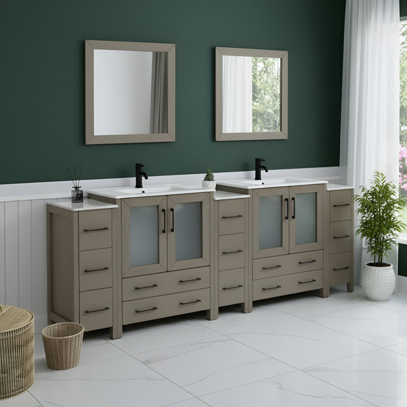  Ensemble de meuble-lavabo double 96 "avec miroir Modern, Gris foncé