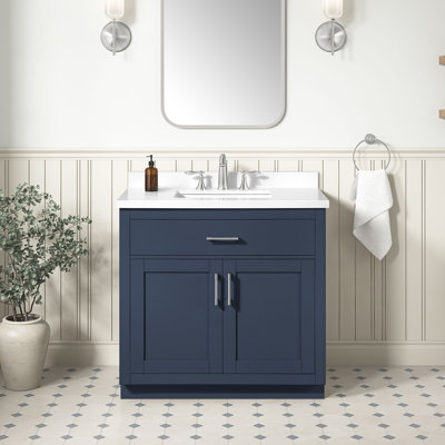 OVE Decors Bailey 36 In. Single Sink Freestanding Midnight Blue Bathroom Vanity With White Quartz Top And Matching Backsplash
