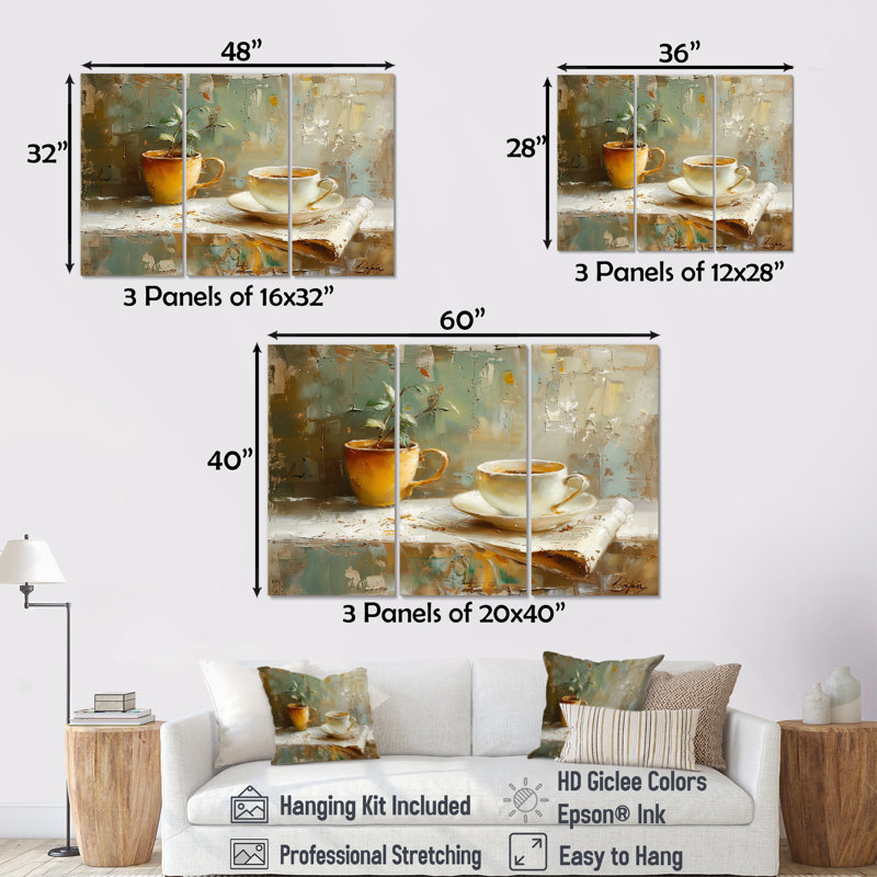 Blanc, beige, confortable, tasse de café I - ensemble d'art mural café, H 28 po x l 36 po x P 1 po, Toile tendue