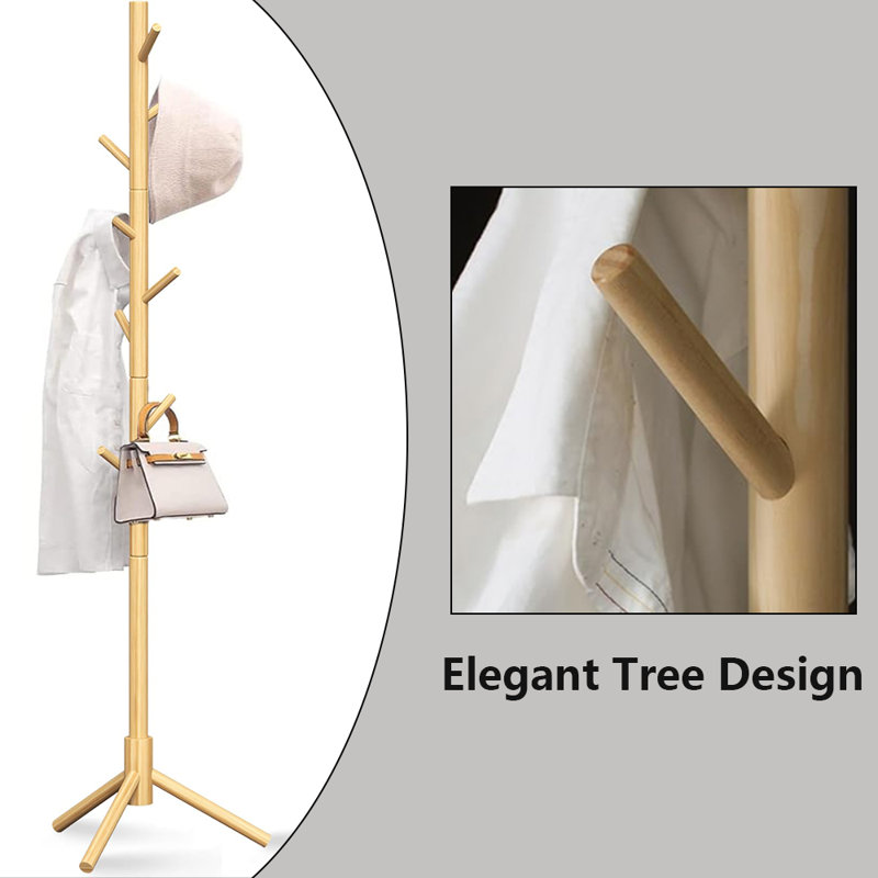 Coat Rack Freestanding With 8 Sturdy Hooks, Natural