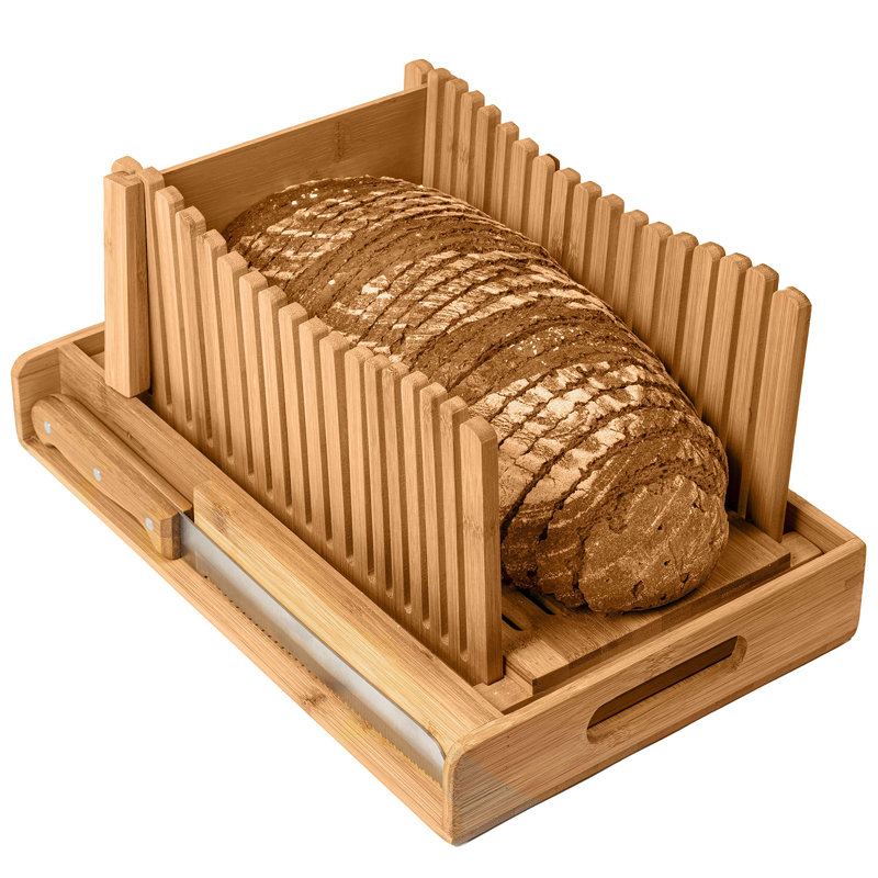 Coupe-pain en bambou avec plateau à miettes Coupe-pain en bambou pour pain maison, gâteaux à pain, trancheuse à bagels, 3 tailles de tranches, réglable, compacte, pliable