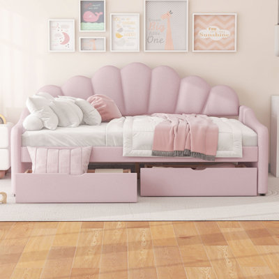 Full Size Upholstered Daybed with Shell Backrest & 2 Drawers – Pink Storage Sofa Bed for Guests by Mercer41
