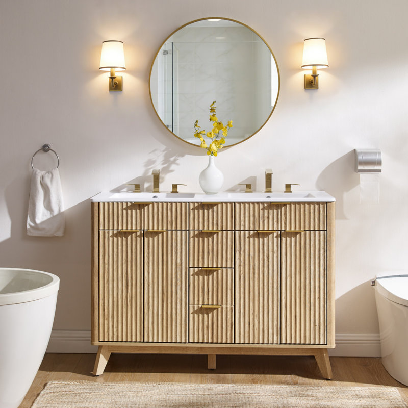 Ensemble de meuble-lavabo double autoportant 48 po avec plateau en pierre reconstituée 48 po, Chêne naturel