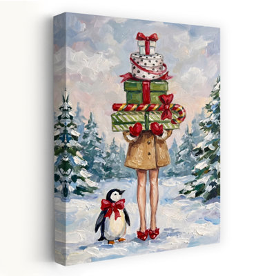 Holiday Walk With Penguin Whimsical Abstract Contemporary Penguin Forest Winter Wall Art Print 1 Piece Wrapped Canvas Wall Art