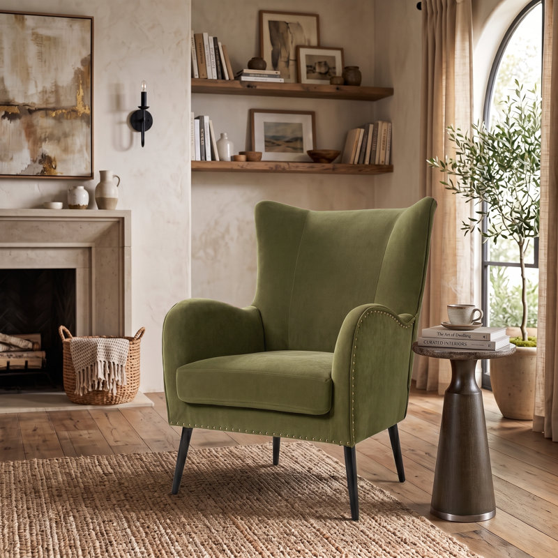 Fauteuil à oreilles transitionnel en chenille l 29,25 po Desilva, Moss