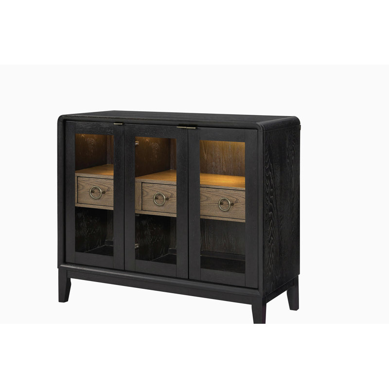 Aurora Glass Door Server – Peppercorn Elm Veneer Buffet Cabinet with Drawers, Display Storage & Soft Close Doors