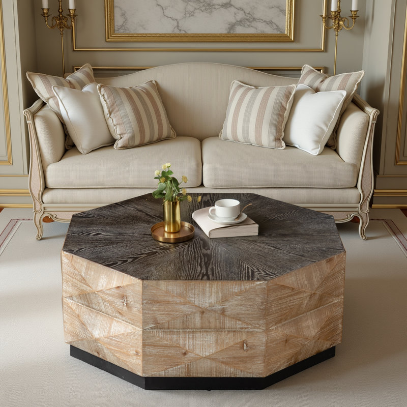 Table basse 38 po Octagon - Centre de table rustique en bois avec motif en relief