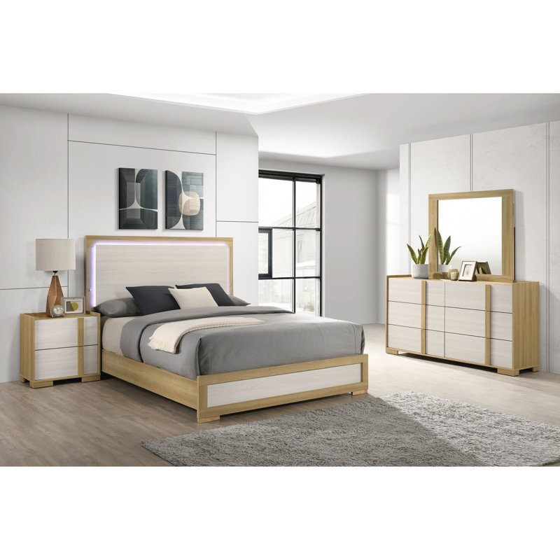 Ensemble de chambre à coucher 4 pièces, lit moderne de style Mid-Century, une table de chevet, une commode et un miroir de commode