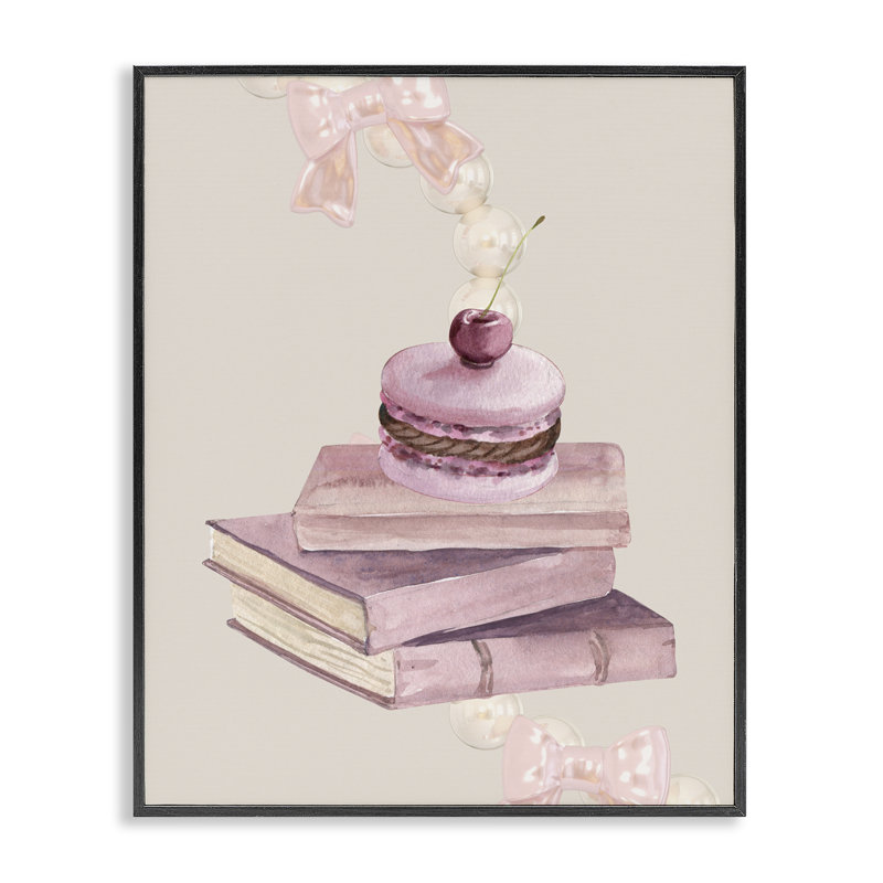Cerise Macaron sur pile de livres, estampe numérique, conception par Jesse Keith, H 14 po x l 11 po