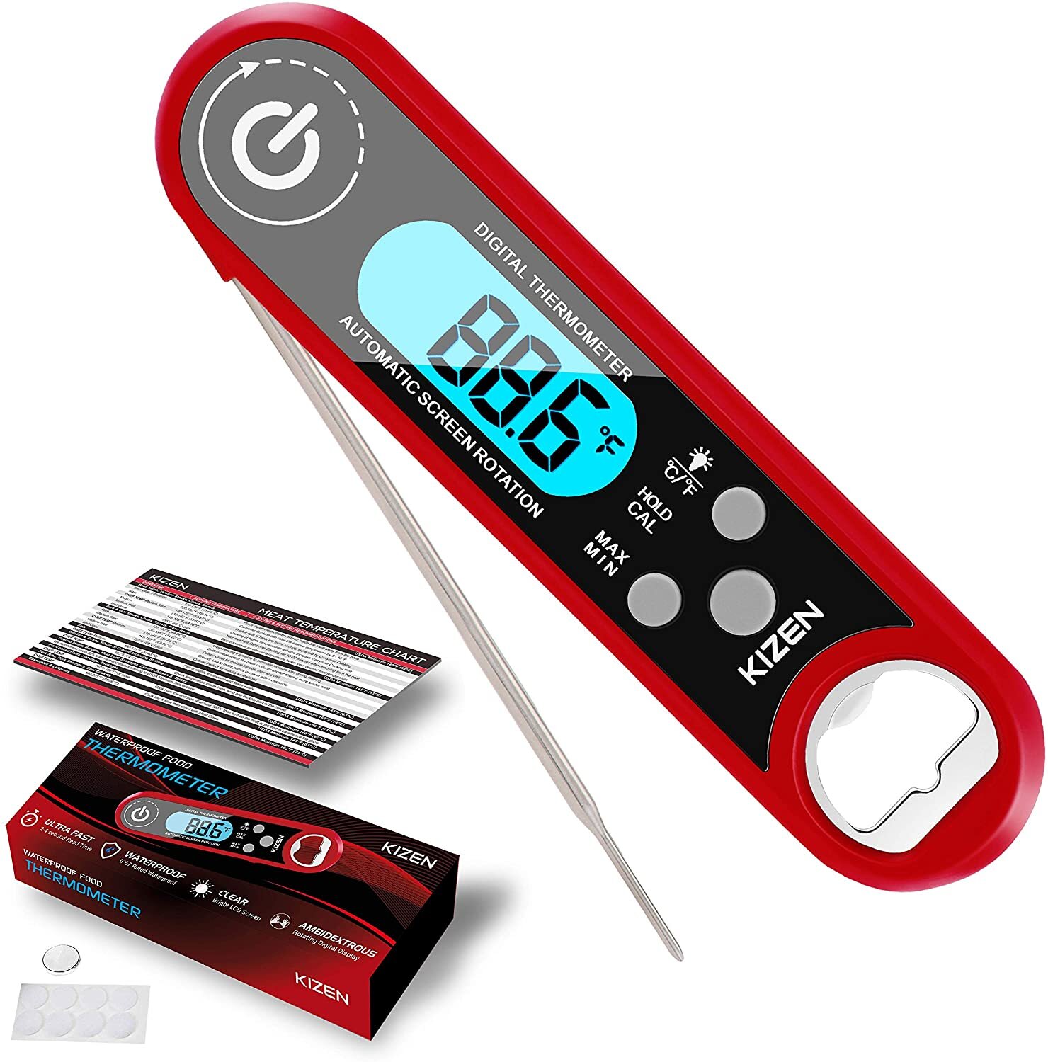 Kizen Instant Read Meat Thermometer - Folding Waterproof Thermometer with LCD Display Backlight & Calibration, Red