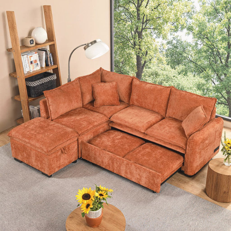 82.67 Inch Green Chenille Convertible Sofa Bed, L-Shaped Sectional Sleeper with Storage Ottoman, 2 Pillows, Power Sockets, USB Ports