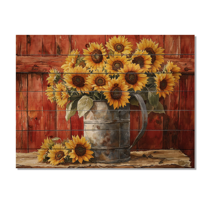 «Golden Hour Harvest Blooms At The Barn II», art mural en bois assorti, sur bois de pin naturel