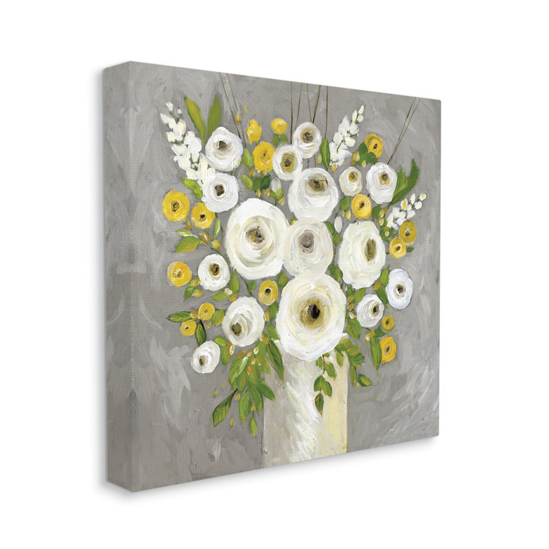Abstrait, bouquet de fleurs de renoncule, fleurs de campagne jaunes et blanches, encadré et estampe numérique par Stephanie Workman Marrott