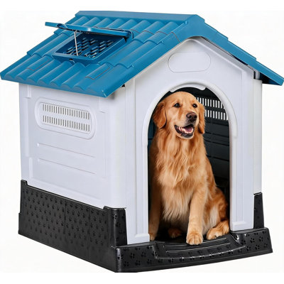 Large Plastic Dog House Outdoor with Air Vents & Elevated Floor, Waterproof Sloping Roof for Medium Large Dogs, Easy Clean