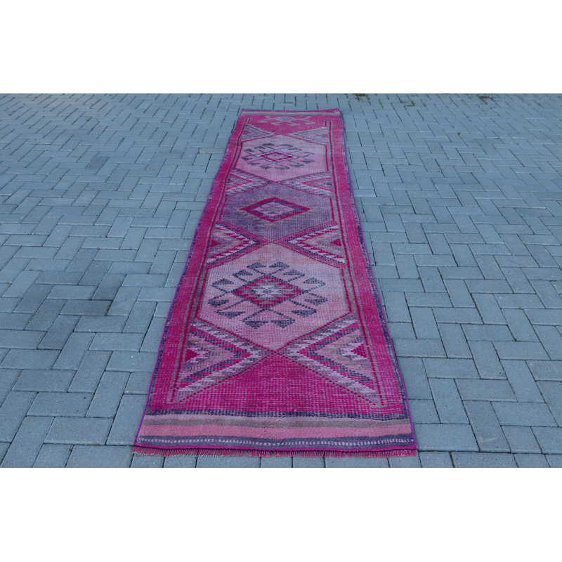 Tapis de couloir turc rose fait à la main d'inspiration bohémienne, parfait pour les couloirs et les couloirs