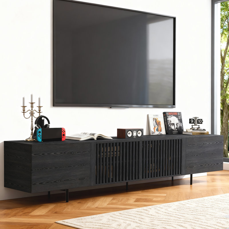 94.48 Inch Black Tv Stand For Tvs Up To 100 Inches With Storage, 21.65" H x 94.48" L x 15.75" D