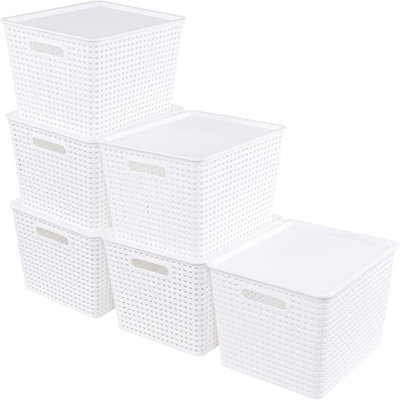Ensemble de 6 grands paniers de rangement empilables en plastique avec couvercles, bacs de rangement à couvercle blanc pour tablettes, placards ou garde-manger