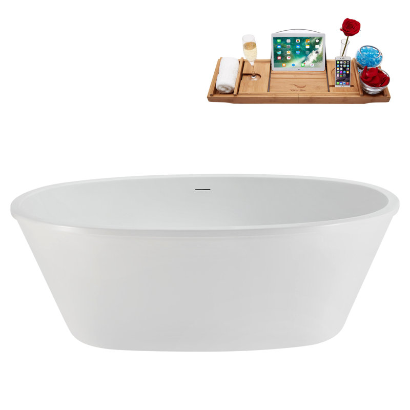 60" Streamline Soaking Glossy White Freestanding Tub and Tray With Internal Drain, Brushed Nickel