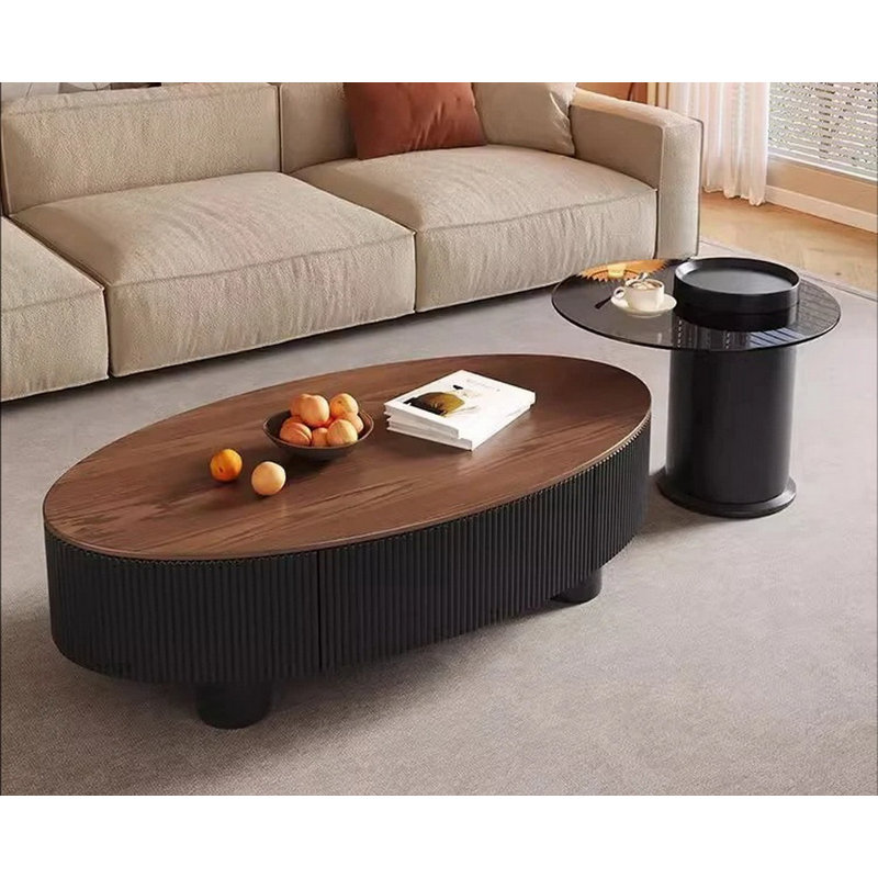 Modern Fluted Oval Nesting Coffee Table Set With Solid Wood Drawers & Tempered Glass Side Table, Walnut Finish