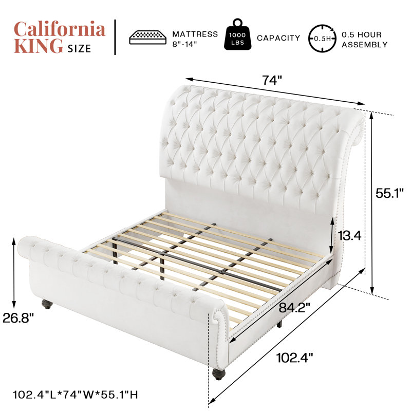 Jamileth Tufted Wingback Velvet Platform Bed With Nailhead Trim, Curved Sleigh Designing,California King, White