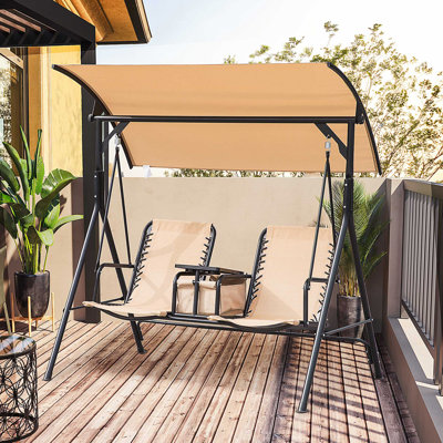Balancelle de patio 2 places Outsunny, balançoire à baldaquin d'extérieur avec table de rangement pivotante, porte-gobelet, abat-jour réglable, suspension de siège de bungie et structure en acier résistant aux intempéries, beige