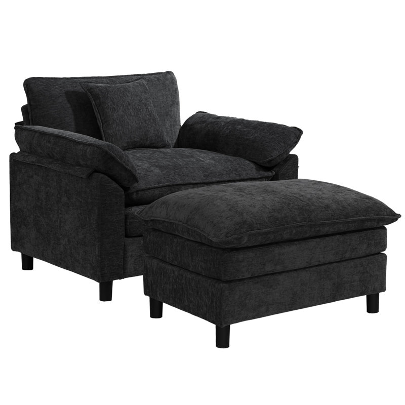 Fauteuil d'appoint surdimensionné en chenille avec repose-pieds, Chenille noir