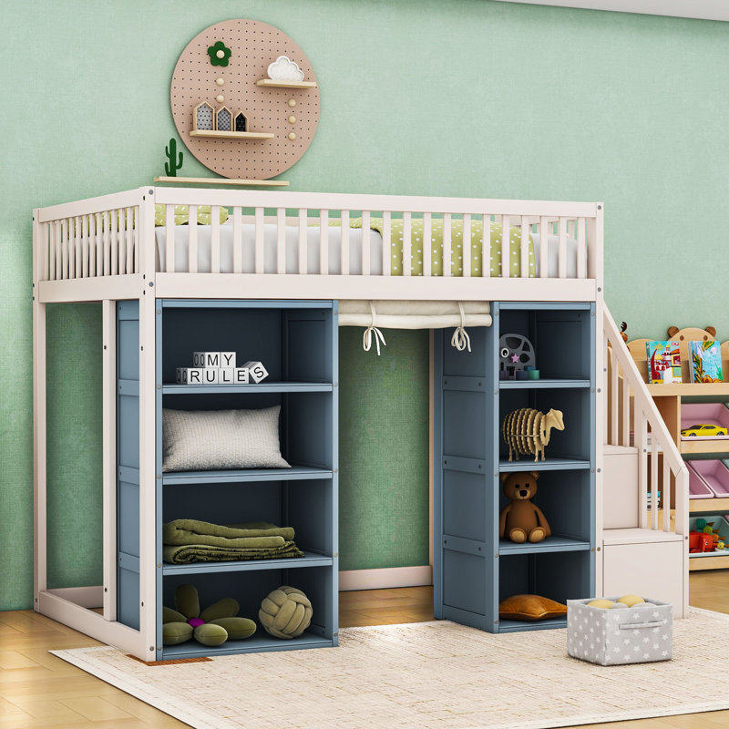 Lit mezzanine double avec rangement pour escalier multifonctionnel et tablettes
