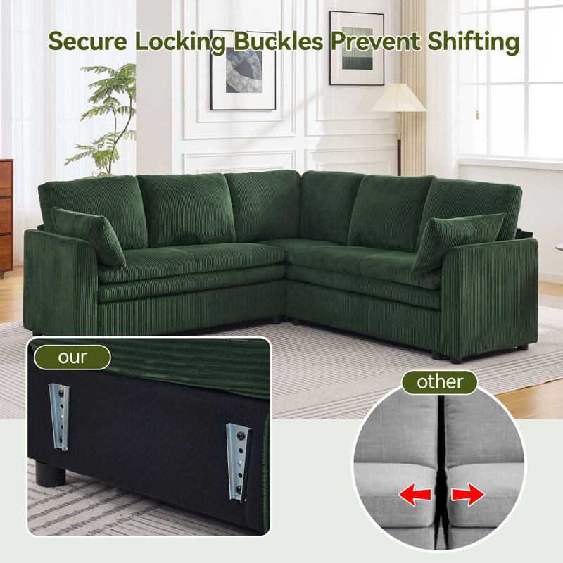 Modular Sectional Sofa with Chaise Lounge, Comfy Deep Dual-Layer Cushion Couch, Green, 5 Seater L Couch