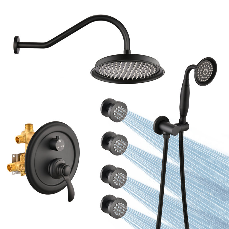 Ensemble de robinet de douche de pluie 9 pouces avec 4 jets de corps réglables et douchette à main, Noir mat