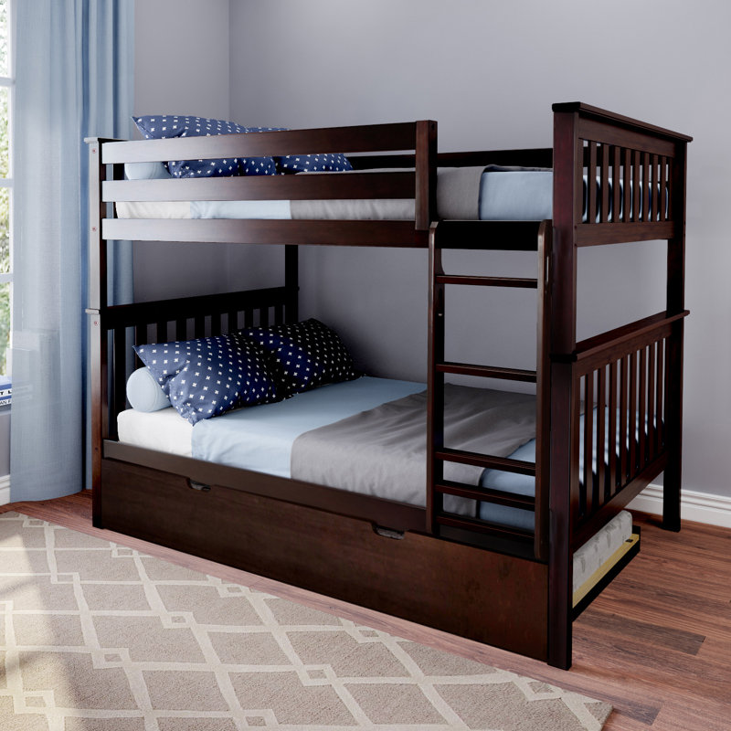 Lit superposé simple au-dessus de simple en bois massif avec lit gigogne Aileana, Lit superposé simple sur simple, Espresso