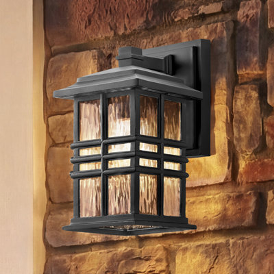 Applique murale extérieure Beacon Square EPMM texturée noire de 30,5 cm (12 pouces) avec abat-jour en verre martelé transparent