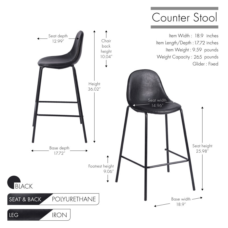 Darby Bar Stool, Black, Counter Stool (26” Seat Height)