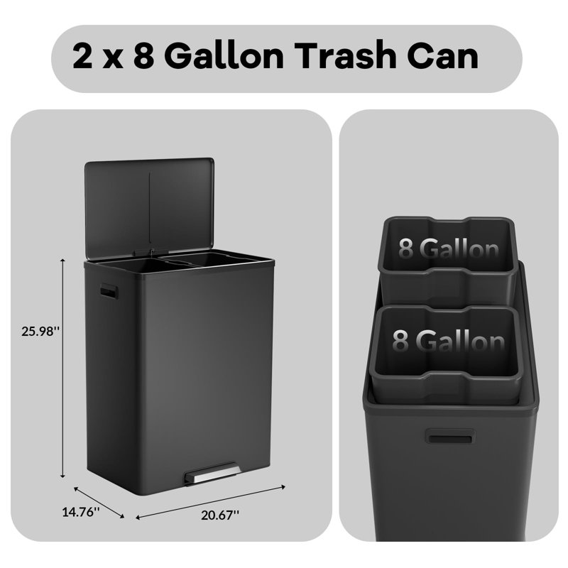Grande poubelle de cuisine double et bac de recyclage, 2 x 8 gallons, Noir