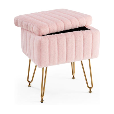 Vanity Stool Chair With Storage, Ottoman Faux Fur Soft Padded Makeup Footstools Seat With 4 Metal Legs Anti-Slip Adjustable Feet Modern Cute Small Footrest For Home Entryway Bedroom